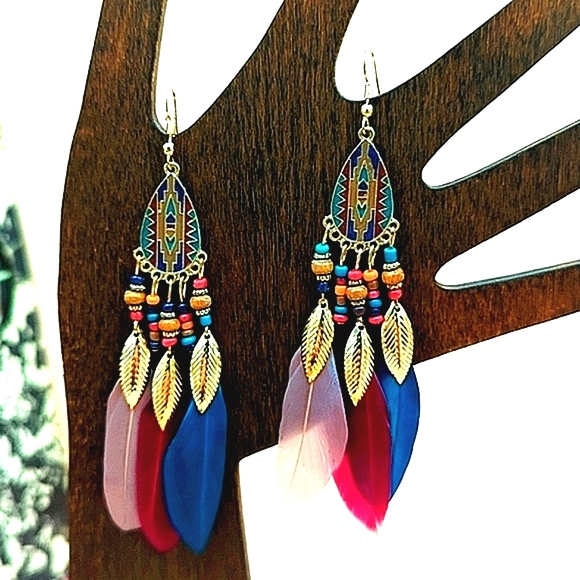 Feather Earrings Bohemian Red Blue Gold Style Hippie Jewelry - Picture 2 of 4